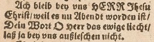 One of the first appearances of the opening stanza of "Lord Jesus Christ, with Us Abide," in a booklet printed by Friedrich Gutknecht in Nürnberg.
